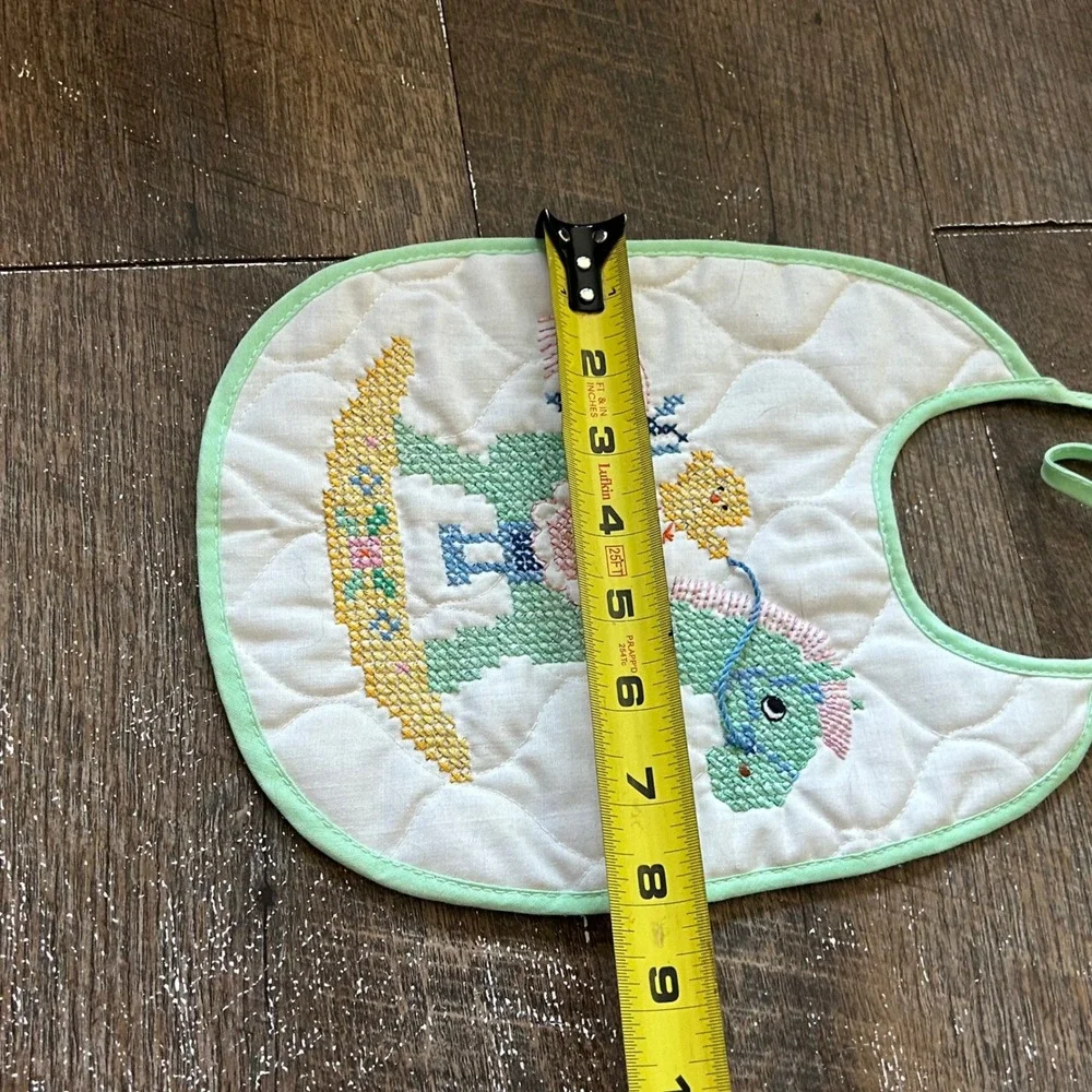 Vintage Handmade Quilted Baby Bib Cross Stitch Rocking Horse Chick‎ Mint Green